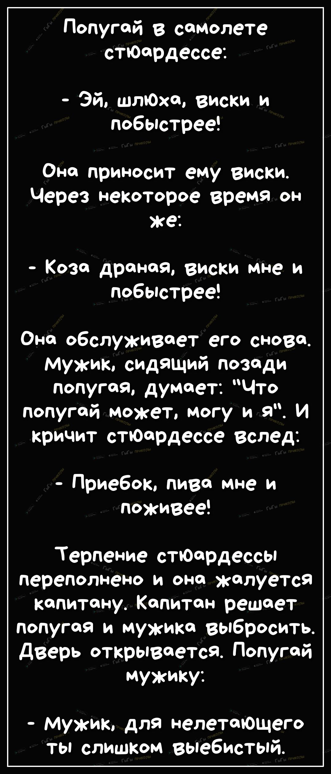 Попугай в самолете стюардессе Эй штоха виски и побыстрее Она приносит ему виски Через некоторое время он же Коза драная виски мне и побыстрее Она обслуживает его снова_ Мужик сидящий позади попугая думает Что попугай может могу и я И кричит стюардесса вслед Приебок пива мне и поживее Терпение стноардессы переполнено и она жалуеТся капитану Капитан решает попугая и мужика выбросить Дверь открываетс