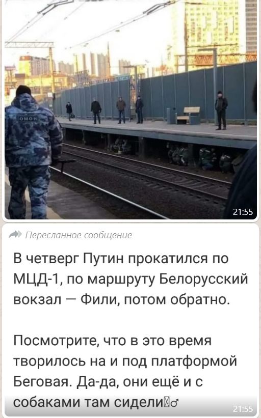 В четверг Путин прокатился по МЦД 1 по маршруту Белорусский вокзал Фили потом обратно Посмотрите что в это время творилось на и под платформой Беговая Да да они ещё и с собаками там сиделиХа