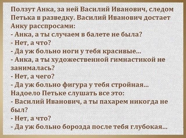 Ползут Анка за ней Василий Иванович следом Петька в разведку Василий Иванович достает Анку расспросами Анка а ты случаем в балете не была Нет 3 что Да уж больно ноги у тебя красивые Анка а ты художественной гимнастикой не занималась Нет а чего Да уж больно фигура у тебя стройная Надоело Петьке слушать все это Василий Иванович а ты пахарем никогда не был Нет а что Да уж больно борозда после тебя гл