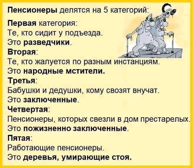 Пенсионеры делятся на 5 категорий Первая категория Те кто сидит у подъезда Это разведчики Вторая Те кто жалуется по разным инстанциям Это народные мстители Третья Бабушки и дедушки кому свозят внучат Это заключенные Четвертая Пенсионеры которых свезпи в дом престарелых Это пожизненно заключенные Пятая Работающие пенсионеры Это деревья умирающие стоя