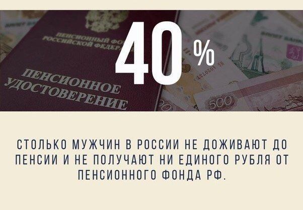 40 СТОЛЬКО МУЖЧИН В РОССИИ НЕ ДОЖИВАЮТ ДО ПЕНСИИ И НЕ ПОЛУЧАЮТ НИ ЕДИНОГО РУБЛЯ ОТ ПЕНСИОННОГО ШОНЦА РШ