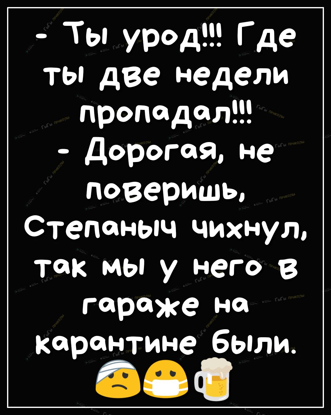 Ты урод Где ты две недели пропадал Дорогая не поверишь Степаныч чихнул так МЫ у него в гараже на карантине были