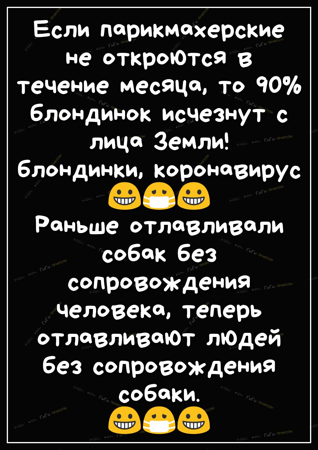 Если парикмахерские не открОЮТсЯ В течение месяца то 90 блондинок исчезнут с лица Земли блондинки коронпвирус Раньше отлавливсли собак без сопровождения человеке теперь отлавливают люДей без сопровождения собаки