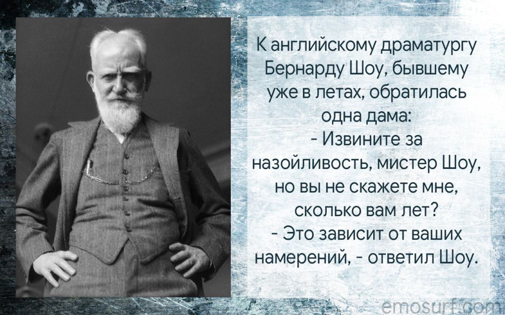 К английскому драматургу Бернарду Шоу бывшему уже в петах обратилась одна дама Извините за назойливость мистер Шоу но вы не скажете мне сколько вам лет Это зависит от ваших намерений ответил Шоу