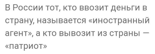 В России тот кто ввозит деньги в страну называется иностранный агент а кто вывозит из страны патриот