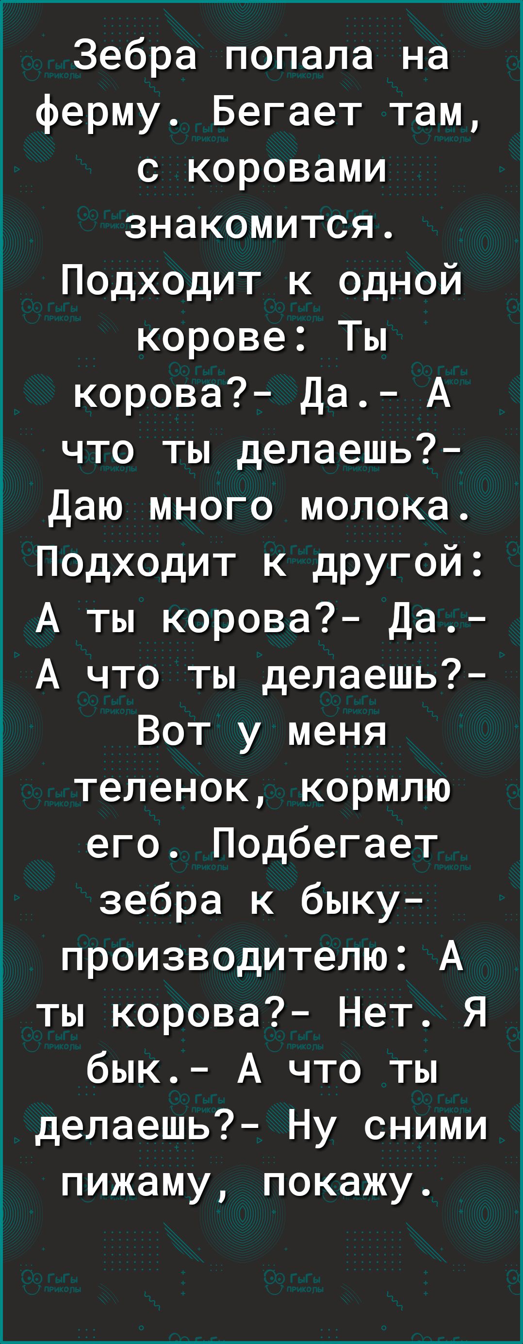 Зебра попала на ферму Бегает там с коровами знакомится Подходит к одной корове Ты корова Да А что ты делаешь Даю много молока Подходит к другой А ты корова Да А что ты делаешь Вот у меня теленок кормлю его Подбегает зебра к быку производителю А ты корова Нет Я бык А что ты делаешь Ну сними пижаму покажу