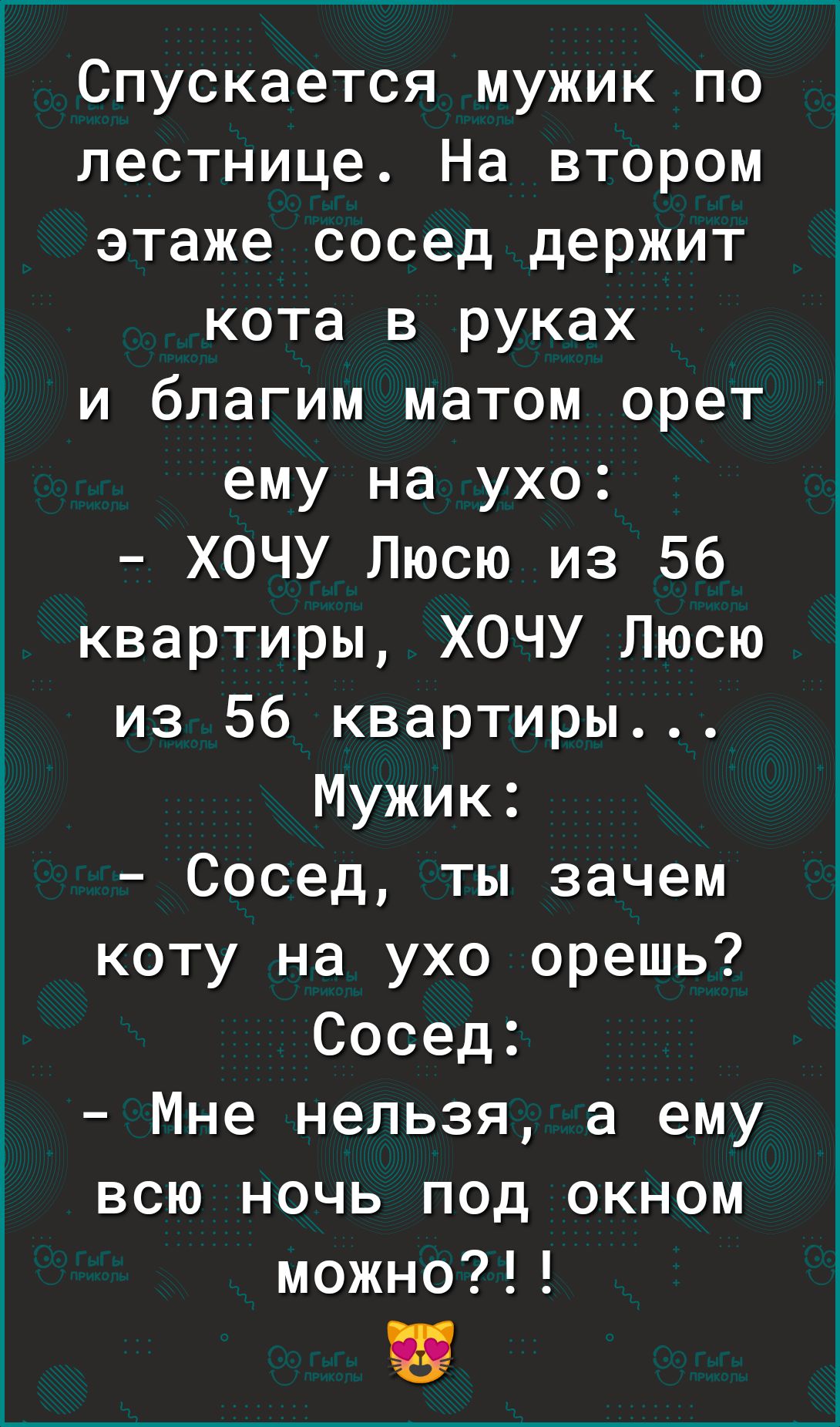 Спускается мужик по лестнице На втором этаже сосед держит кота в руках и благим матом орет ему на ухо ХОЧУ Люсю из 56 квартиры ХОЧУ Люсю из 56 квартиры Мужик Сосед ты зачем коту на ухо орешь Сосед Мне нельзя а ему всю ночь под окном можно