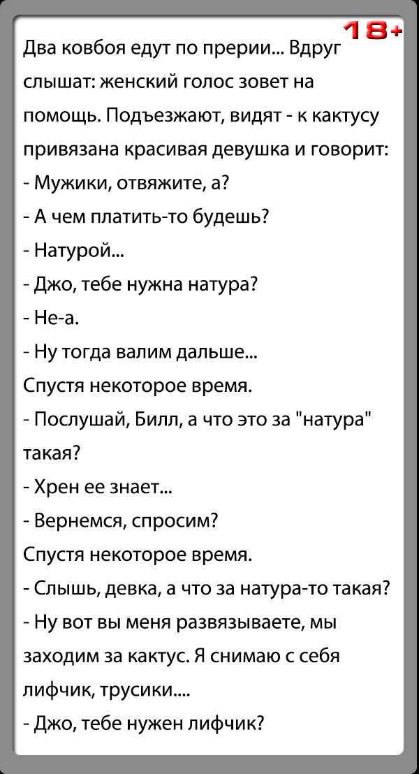 1 В Два ковбоя едут по прерии Вдруг слышат женский голос зовет на помощь Подъезжают видят к кактусу привязана красивая девушка и говорит Мужики отвяжите а А чем платитьто будешь Натурой Джо тебе нужна натура Неа Ну тогда валим дальше Спустя некоторое время Послушай Бипл а что это за натура такая Хрен ее знает Вернемся спросим Спустя некоторое время Слышь девка а что за натурато такая Ну вот вы мен