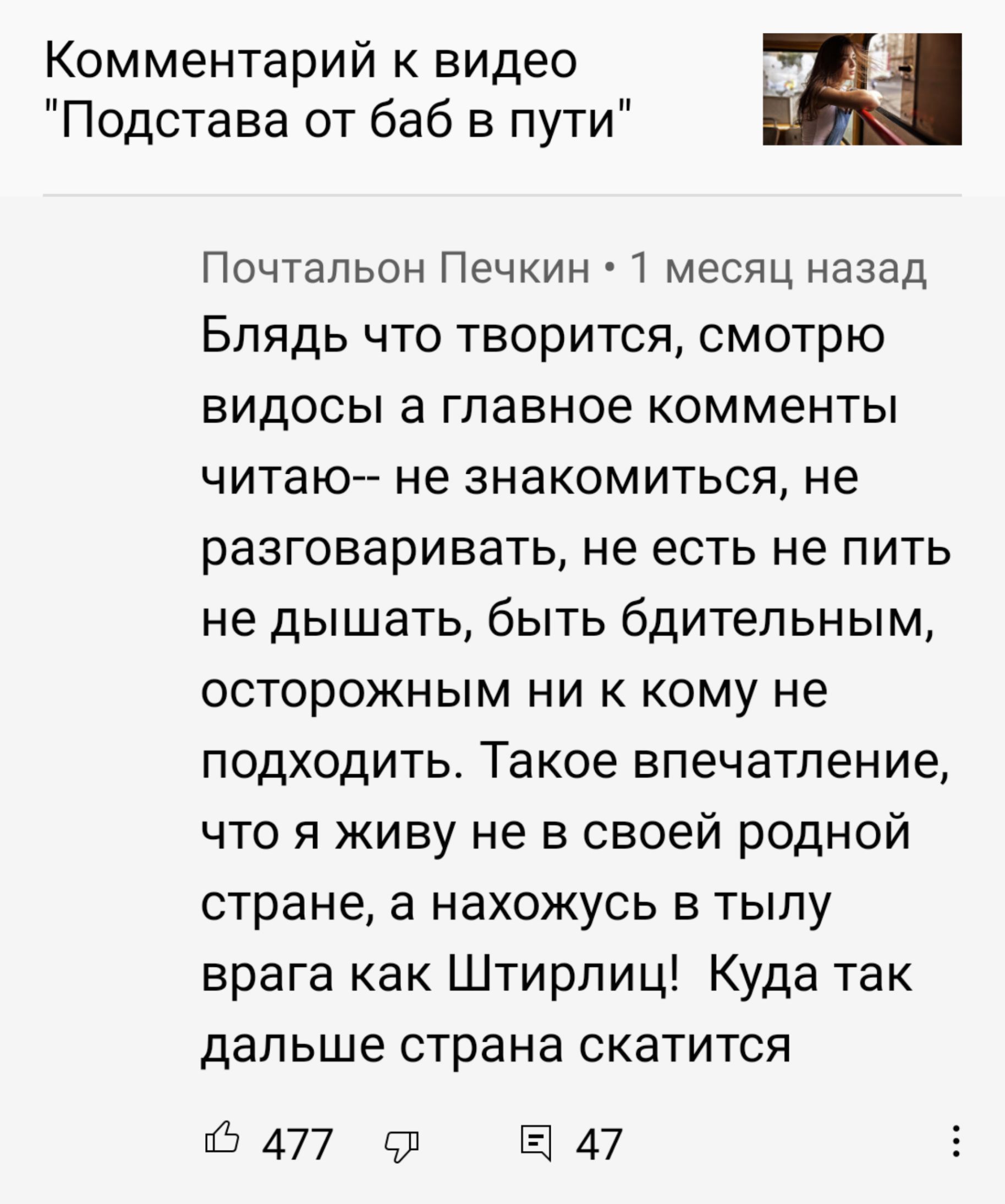 Комментарий к видео Подстава от баб в пути Почтальон Печкин месяц назад Блядь что творится смотрю видосы а главное комменты читаю не знакомиться не разговариоать не есть не пить не дышать быть бдительным осторожным ни к кому не подходить Такое впечатление что я живу не в своей родной стране а нахожусь в тылу врага как Штирлиц Куда так дальше страна скатится 477 347