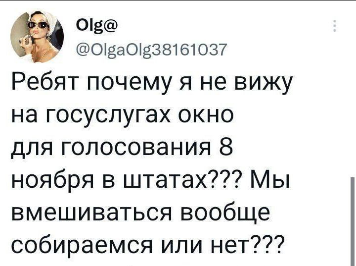 03 О30338161037 Ребят почему я не вижу на госуслугах окно для голосования 8 ноября в штатах Мы вмешиваться вообще собираемся или нет 1642 05 нояб 22 Тшіпег Тог іРНопе