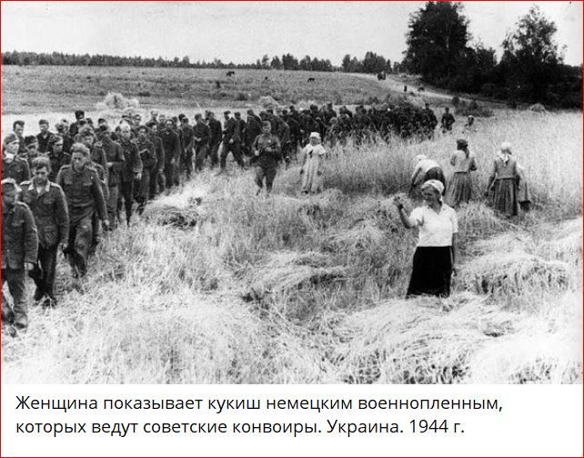 Женщина показывает кукиш немецким впеннопленным кторых ведут советские конваиры Украина 44 г