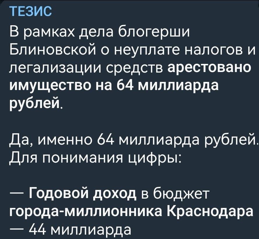 ТЕЗИС В рамках дела бпогерши Блиновской о неуплате налогов и легализации средств арестовано имущество на 64 миллиарда рублей Да именно 64 миллиарда рублей для понимания цифры Годовой доход в бюджет города миллионника Краснодара 44 миллиарда