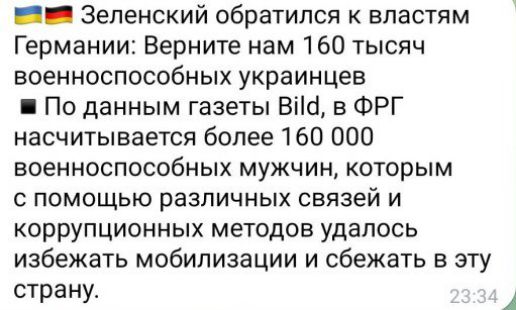 __ Зеленский обратился властям Германии Верните нам 160 тысяч военноспособных украинцев По данным газеты Вііб в ФРГ насчитывается более 160 000 военноспособных мужчин которым с помощью различных связей и коррупционных методов удалось избежать мобилизации и сбежать в эту страну