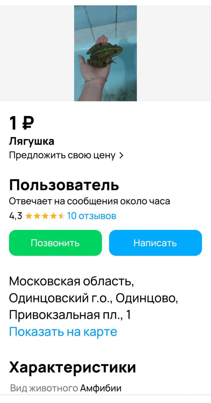 1 Лягушка Предложить свою цену Пользователь Отвечает на СООБЩЕНИЯ ОКОЛО часа 13 с 10 отзывов 01 Пр НЗПЩДУЪ Московская область Одинцовский го Одинцово Привокзальная пп 1 Показать на карте Характеристики Вид животного Амфибии