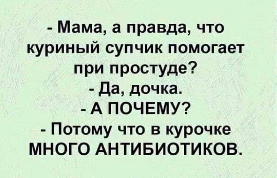 Мама а правда что куриный супчик помогает при простуде да дочка А ПОЧЕМУ Потому что в курочке МНОГО АНТИБИОТИКОВ