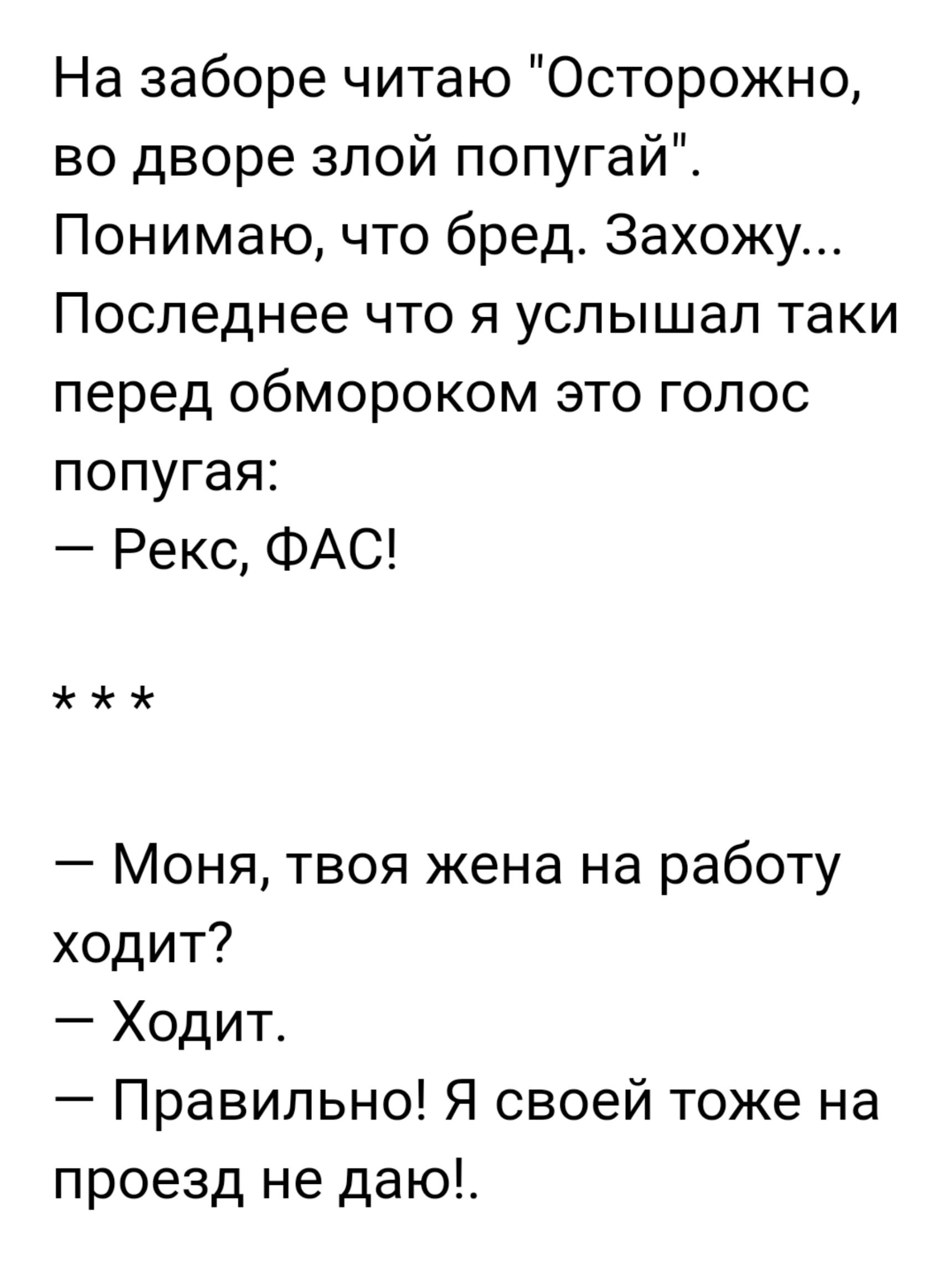 На заборе читаю Осторожно во дворе злой попугайЕ Понимаю что бред Захожу Последнее что я услышал таки перед обмороком это голос попугая Рекс ФАС Моня твоя жена на работу ходит Ходит Правильно Я своей тоже на проезд не даю