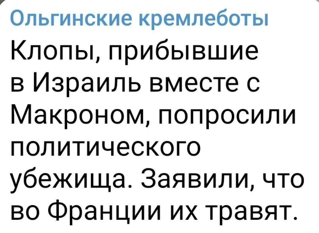 Ольгинские кремлеботы Клопы прибывшие в Израиль вместе с Макроном попросили политического убежища Заявили что во Франции их травят