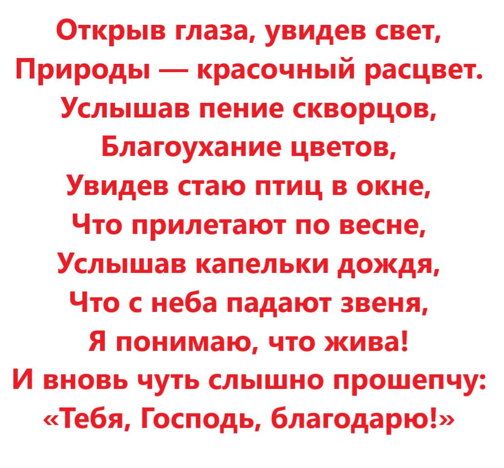 Открыв глаза увидев стает Природы красочный расцвет Услышав пение скворцов Благоухание цветов Увидев стаю ПТИЦ в окие Что прилетают по весне Услышав капельки дождя Что с неба падают звеня Я понимаю что жива И вновь чуть слышно прошепчу Тебя Господь благодарю