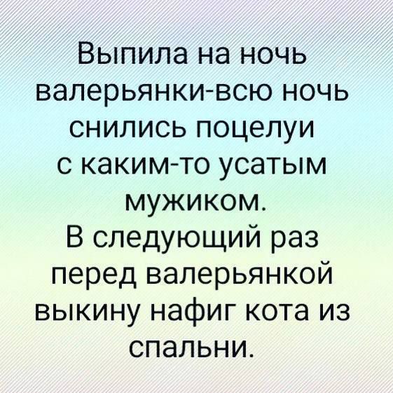 Выпила на ночь валерьянкивсю ночь снились поцелуи с каким то усатым мужиком В следующий раз перед валерьянкой выкину нафиг кота из спальни