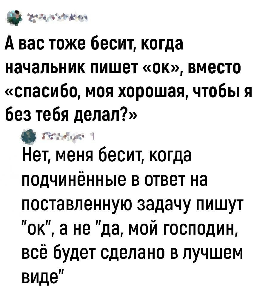 и А вас тоже бесит когда начальник пишет ок вместо спасибо моя хорошая чтобы я без тебя делал тч Нет меня бесит когда подчинённые в ответ на поставленную задачу пишут ок 3 не да мой господин всё будет сделано в лучшем виде ш