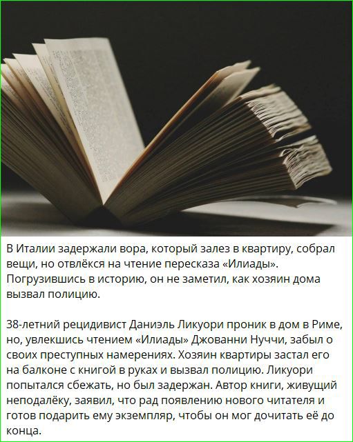 ВИталии задержали вора который залез в квартиру собрал вещи но отвлёкся на чтение пересказа Илиады Погрузившись в историю он не заметил как хозяин дома вызвал полицию З8 летний рецидивист Даниэль Ликуори проник в дом в Риме но увлекшись чтением Илиады Джованни Нуччи забыл о своих преступных намерениях Хозяин квартиры застал его на балконе с книгой 