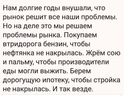 Нам долгие годы внушали что рынок решит все наши проблемы Но на деле это мы решаем проблемы рынка Покупаем втридорога бензин чтобы нефтянка не накрылась Жрём сою и пальму чтобы производители еды могли выжить Берем дорогущую ипотеку чтобы стройка не накрылась И так везде