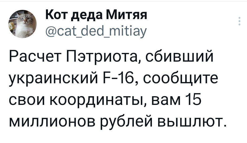 Кот деда Митяя са дей_тНау Расчет Пэтриота сбивший украинский Е 16 сообщите свои координаты вам 15 миллионов рублей вышлют