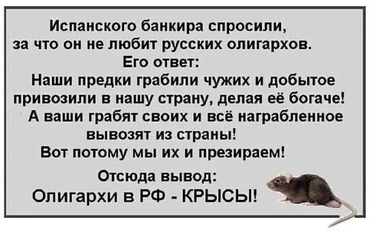 Испанского банкира спросили за что он не любит русских олигархов Его ответ Наши предки грабили чужих и добытое привозили в нашу страну делая её богаче А ваши грабят своих и всё награбленное вывозят из сграиы Вот потому мы их и презираем Отсюда вывод Олигархи в РФ КРЫСЫ