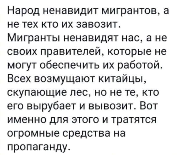 Народ ненавидит мигрантов а не тех кто их завозит Мигранты ненавидят нас а не своих правителей которые не могут обеспечить их работой Всех возмущают китайцы скупающие лес но не те кто его вырубает и вывозит Вот именно для этого и тратятся огромные средства на пропаганду