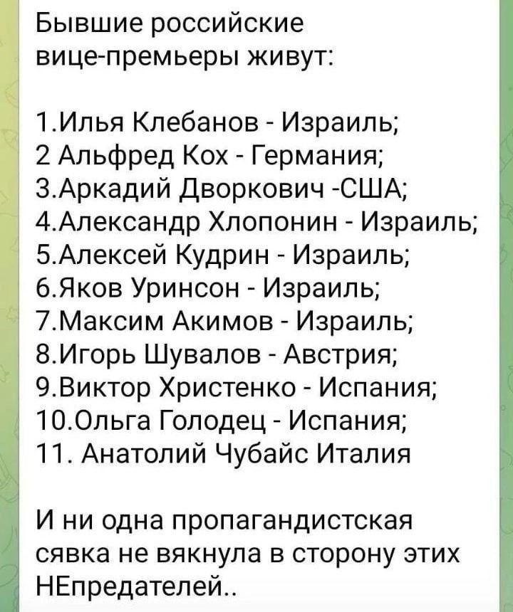 Бывшие российские вице премьеры живут 1Илья Клебанов Израиль 2 Альфред Кох Германия 3Аркадий Дворкович США 4Александр Хлопонин Израиль 5Алексей Кудрин Израиль 6Яков Уринсон Израиль 7Максим Акимов Израиль 8Игорь Шувалов Австрия 9Виктор Христенко Испания 10Ольга Голодец Испания 11 Анатолий Чубайс Италия И ни одна пропагандистская сявка не вякнула в с