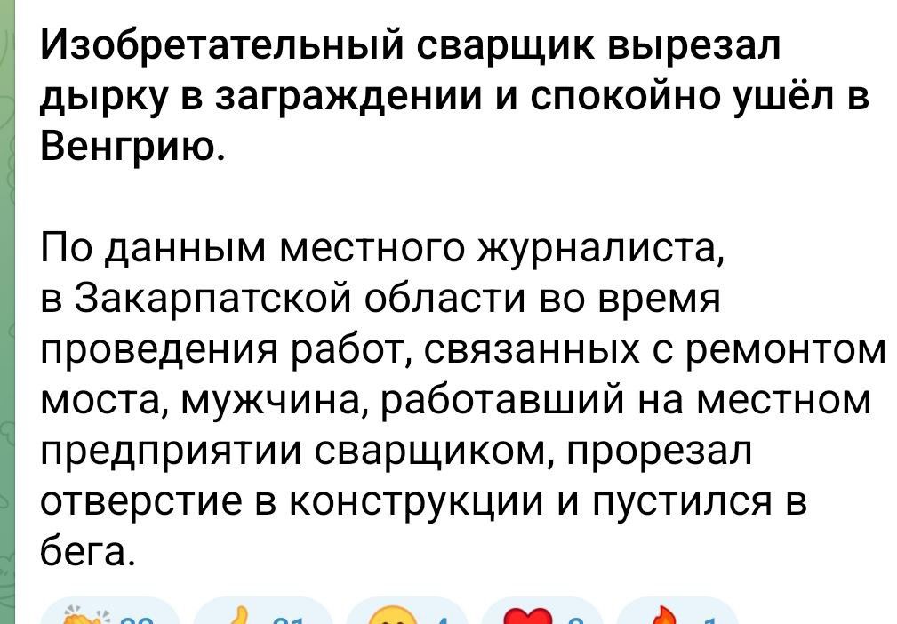 Изобретательный сварщик вырезал дырку в заграждении и спокойно ушёл в Венгрию По данным местного журналиста в Закарпатской области во время проведения работ связанных с ремонтом моста мужчина работавший на местном предприятии сварщиком прорезал отверстие в конструкции и пустился в бега