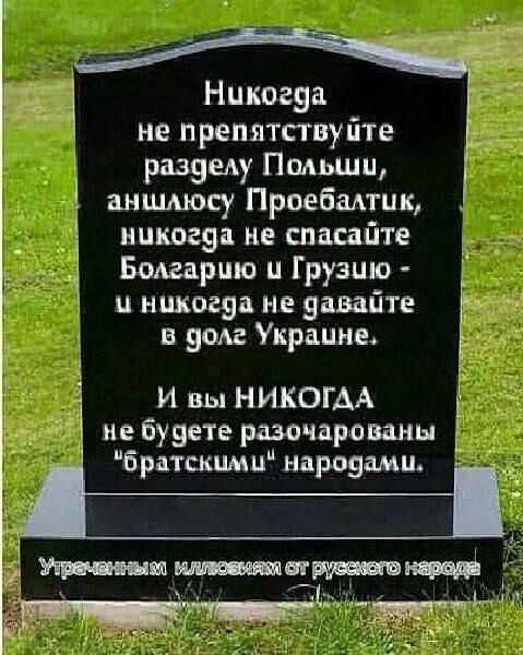 Никогда не препятствуйте разделу Польши аншлюсу Проебалтик никогда не спасайте Болгарию и Грузию и никогда не давайте в долг Украцшне И вы НИКОГАА 3 не будете разочарованы 7 братскими народами я Угреманным иллюемх т руссиого нерода В