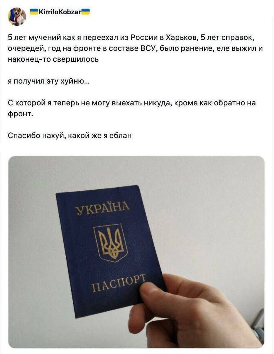 Ф оКоБааи Блет мучений как я переехал из России в Харьков 5 лет справок очередей год на фронте в составе ВСУ было ранение еле выжил и наконец то свершилось я получил эту хуйню С которой я теперь не могу выехать никуда кроме как обратно на Фронт Спасибо нахуй какой же я еблан