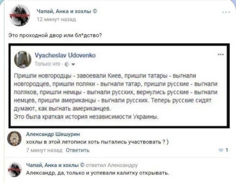 _ Челой Анка ихохлы Это проходной двор или блдство Музсочам ОЧоуопко е Пришли новгородцы завоевали Киее пришги татары выгнали мовгородцев пришли поляки выгнали татар пришли русские выгнали попяков пришли немцы выгнали русских вернулись русские выгнали немцев пришли эмериканцы выгнали русских Теперь русские сидят думаст как выгнать американцее Это б