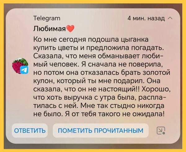 Теедгат 4 мин назад Любимая Ко мне сегодня подошла цыганка купить цветы и предложила погадать Сказала что меня обманывает люби мый человек Я сначала не поверила но потом она отказалась брать золотой кулон который ты мне подарил Она сказала что он не настоящий Хорошо что хоть выручка с утра была распла тилась с ней Мне так стыдно никогда не было Я о