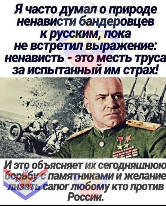 Я часто думал о природе ненависти бандеровцев к русским пока не встретил выражение ненависть это месть труса за испытанный им страх Иэто объясняет их мЯШН берьбу памятниками и желание глюбому кто против России