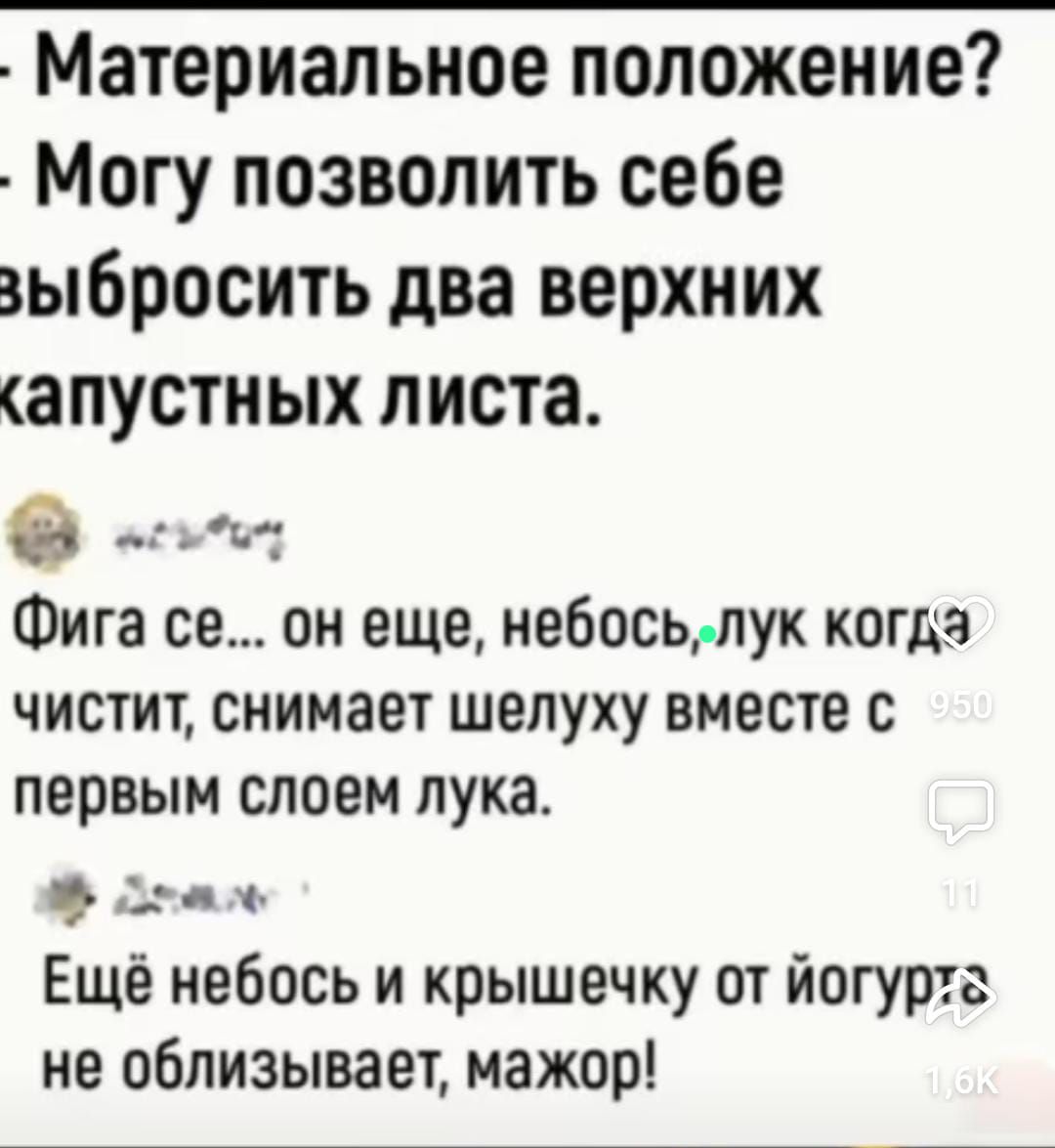 Материальное положение Могу позволить себе зыбросить два верхних апустных листа еот Фига се он еще небосьлук когда чистит снимает шелуху вместе с первым слоем лука Девоь Ещё небось и крышечку от йогуртг не облизывает мажор