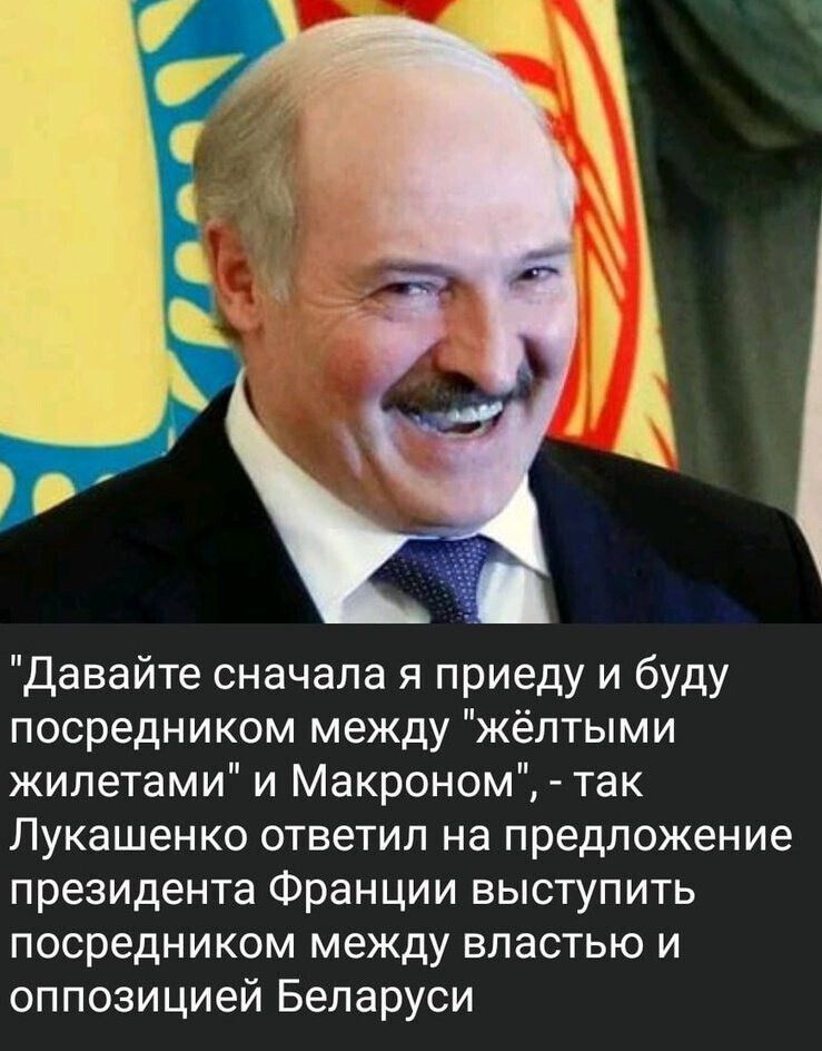 Давайте сначала я приеду и буду посредником между жёлтыми жилетами и Макроном так Лукашенко ответил на предложение президента Франции выступить посредником между властью и оппозицией Беларуси