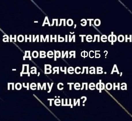 Алло это анонимный телефон доверия ФСсБ Да Вячеслав А почему с телефена тёщи