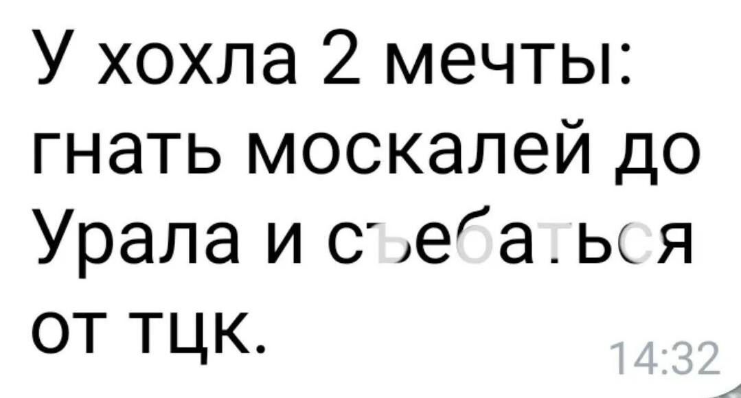 У хохла 2 мечты: гнать москалей до урала и съоеба:ься от тцк.