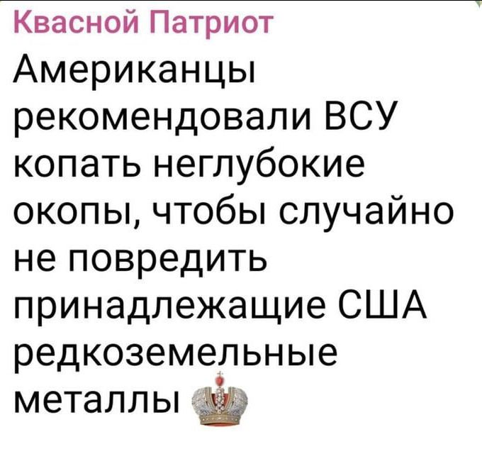 Американцы рекомендовали ВСУ копать неглубокие окопы, чтобы случайно не повредить принадлежащие США редкоземельные металлы.