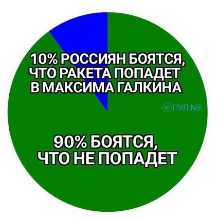 10% РОССИЯН БОЯТСЯ, ЧТО РАКЕТА ПОПАДЕТ В МАКСИМА ГАЛКИНА
90% БОЯТСЯ, ЧТО НЕ ПОПАДЕТ