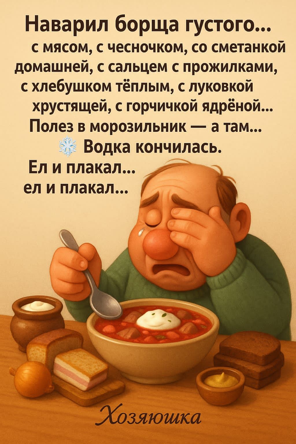 Наварил борща густого... с мясом, с чесночком, со сметанкой домашней, с сальцем и жуками, с хлебушком тёплым, с луковкой хрустящей, с горчичкой ядрёной... Пошел в морозильник — а там... Водка кончилась. Ел и плакал... ел и плакал...