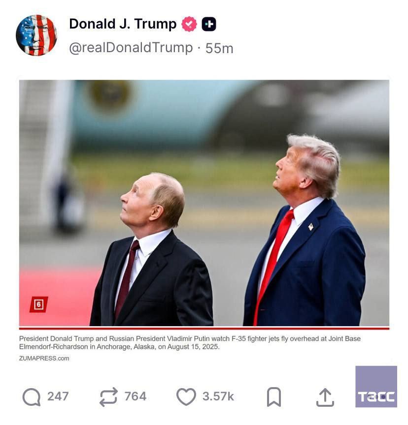 President Donald Trump and Russian President Vladimir Putin watch F-35 fighter jets fly overhead at Joint Base Elmendorf-Richardson in Anchorage, Alaska, on August 15, 2025.