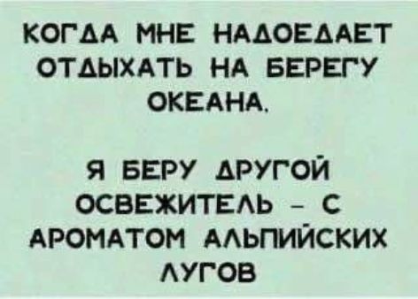 КОГДА МНЕ НАДОЕДАЕТ ОТДЫХАТЬ НА БЕРЕГУ ОКЕАНА.
Я БЕРУ ДРУГОЙ ОСВЕЖИТЕЛЬ – С АРОМАТОМ АЛЬПИЙСКИХ ЛУГОВ