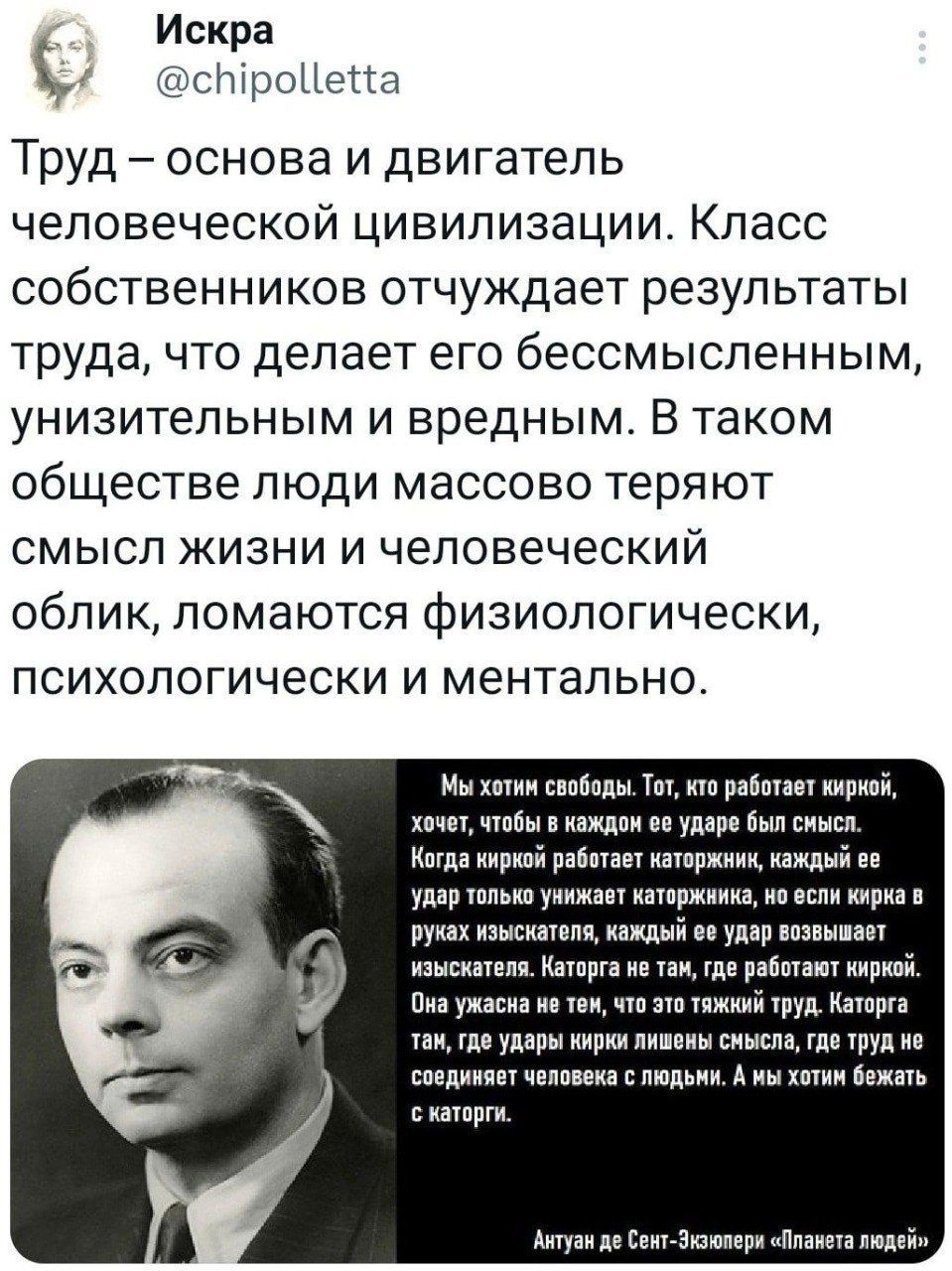 Труд – основа и двигатель человеческой цивилизации. Класс собственников оттягощает результаты труда, что делает его бессмысленным, унизительным и вредным. В таком обществе люди массово теряют смысл жизни и человеческий облик, ломаются физиологически, психологически и ментально.

Мы хотим свободы! Тот, кто работает киркой, хочет, чтобы в каждом ее ударе был смысл. Когда кирка работает автоматически, каждый без исключения становится неким кирпичом в ряду существования. Категория не та, где работает кирка. На удивление, это что-то большее, чем кирка. Категория 