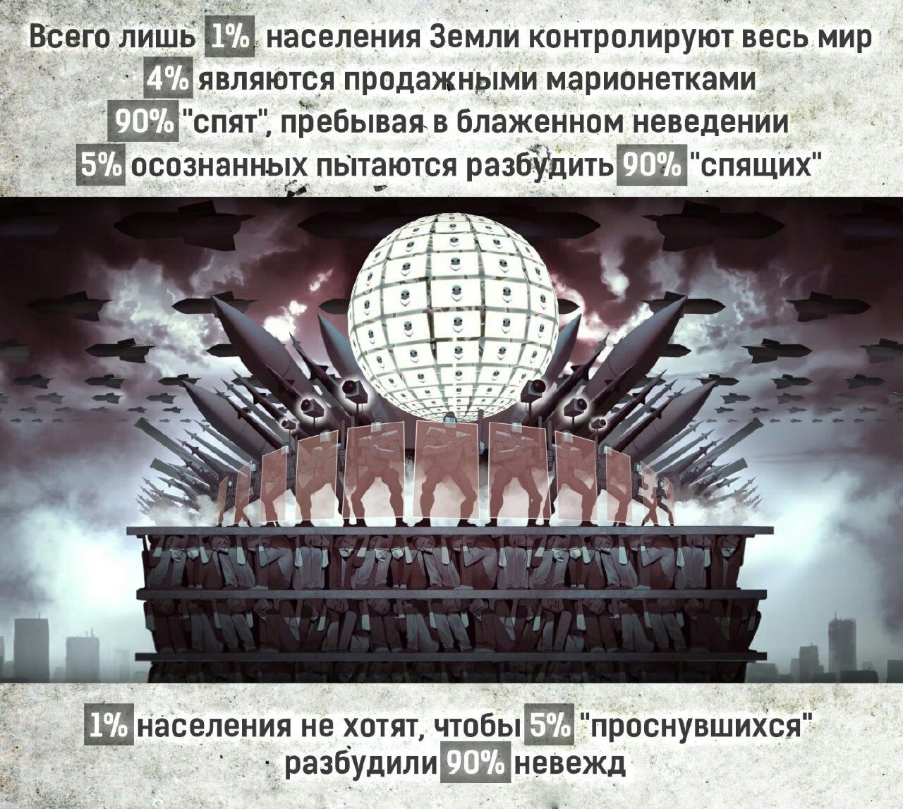 Всего лишь 1% населения Земли контролирует весь мир
4% являются продажными марионетками
90% 