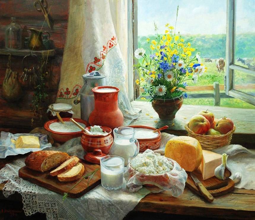 Ломтики хлеба на разделочной доске, сыр, масло, сахар и банки с джемом; молоко в кувшине; яблоки в корзине; букет полевых цветов на подоконнике; открытое окно на сад; кружевная скатерть.