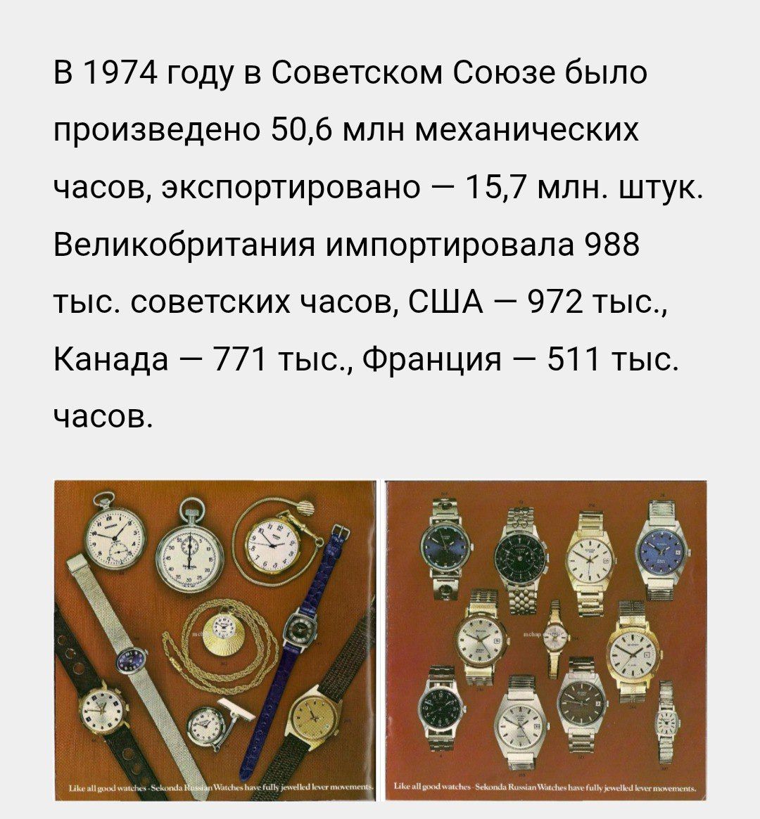 В 1974 году в Советском Союзе было произведено 50,6 млн механических часов, экспортировано — 15,7 млн. штук. Великобритания импортировала 988 тыс. советских часов, США — 972 тыс., Канада — 771 тыс., Франция — 511 тыс. часов.