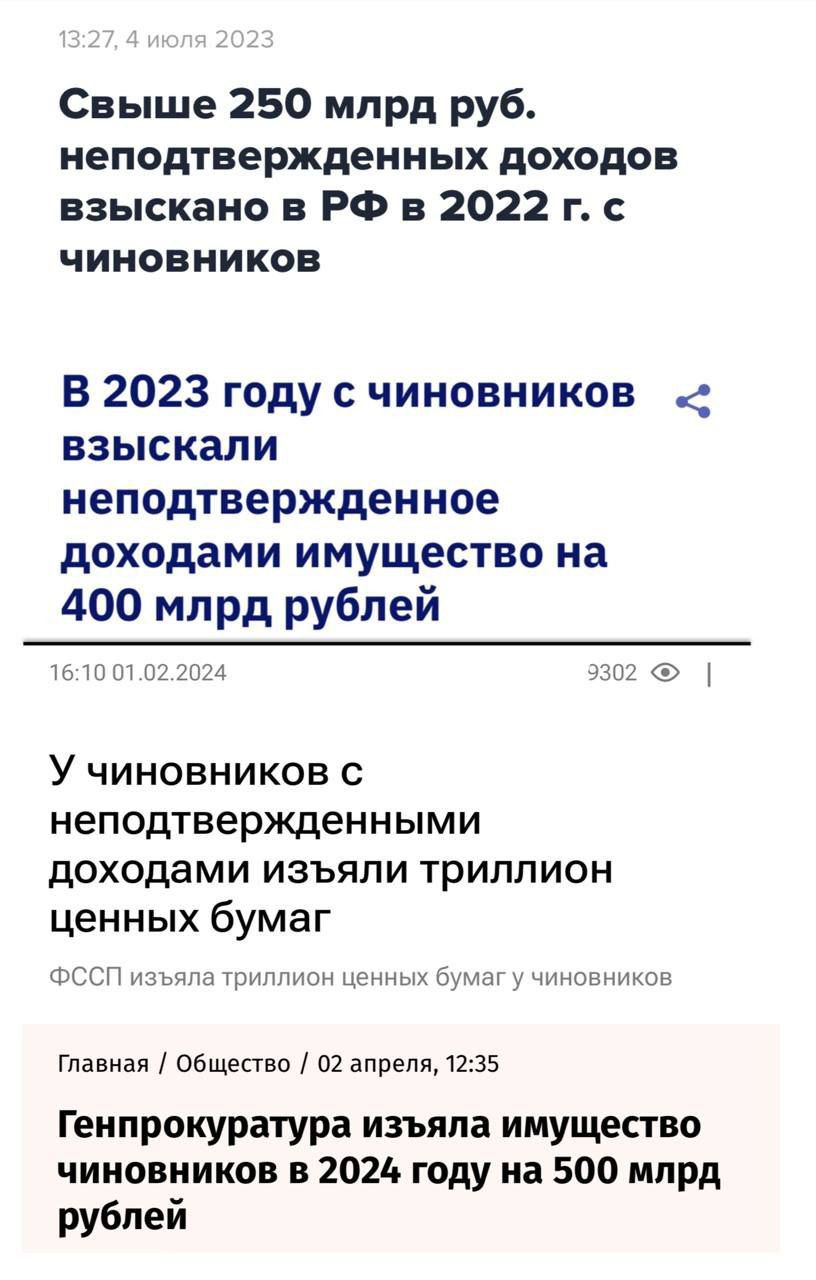 Свыше 250 млрд руб., неподтвержденных доходов взыскано в РФ в 2022 г. с чиновников

В 2023 году с чиновников взыскали неподтвержденное доходами имущество на 400 млрд рублей

У чиновников с неподтвержденными доходами изъяли триллион ценных бумаг

ФССП изъяла триллион ценных бумаг у чиновников

Главная / Общество / 02 апреля, 12:35

Генпрокуратура изъяла имущество чиновников в 2024 году на 500 млрд рублей